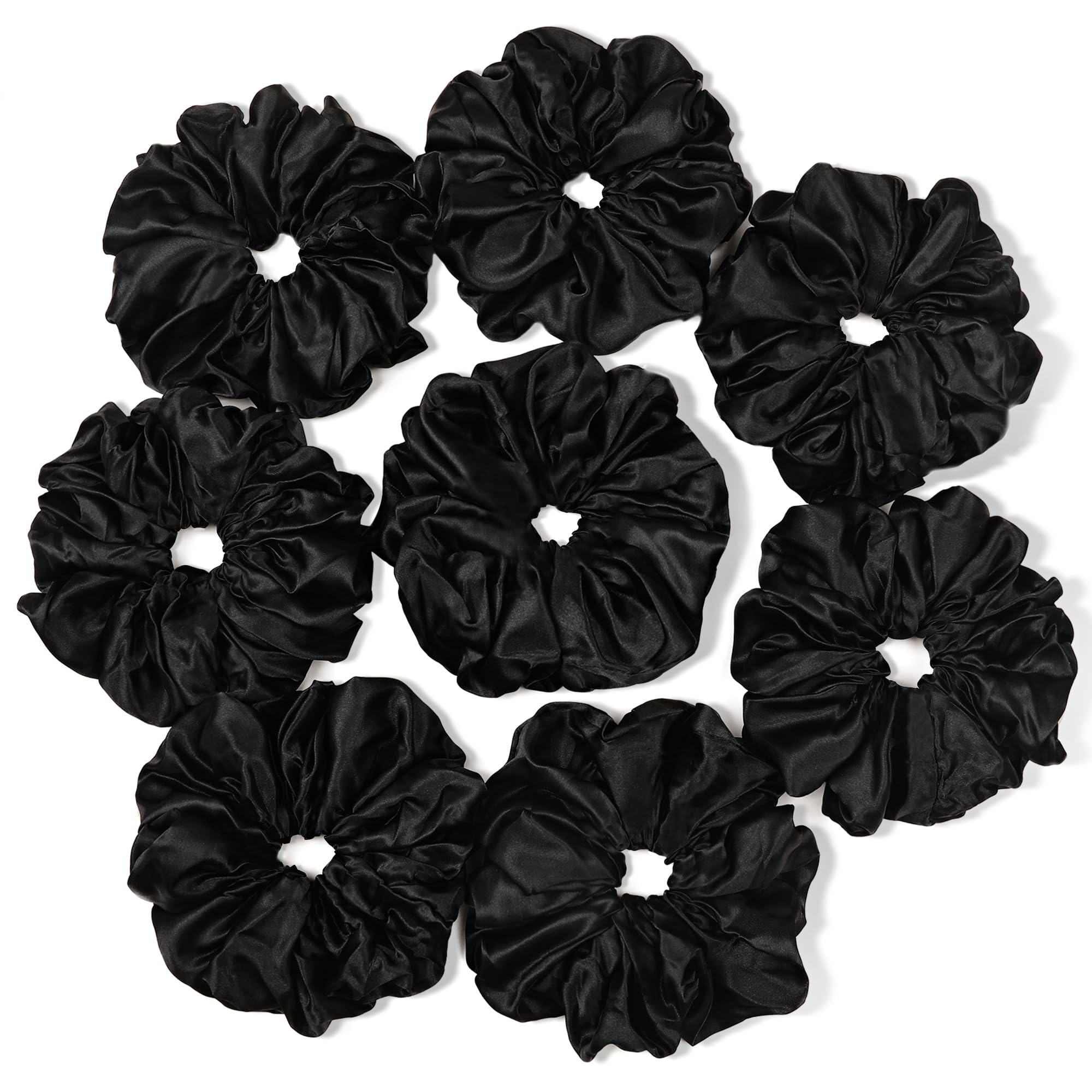Ivyu front view of black satin scrunchie showing neat full shape and stylish look