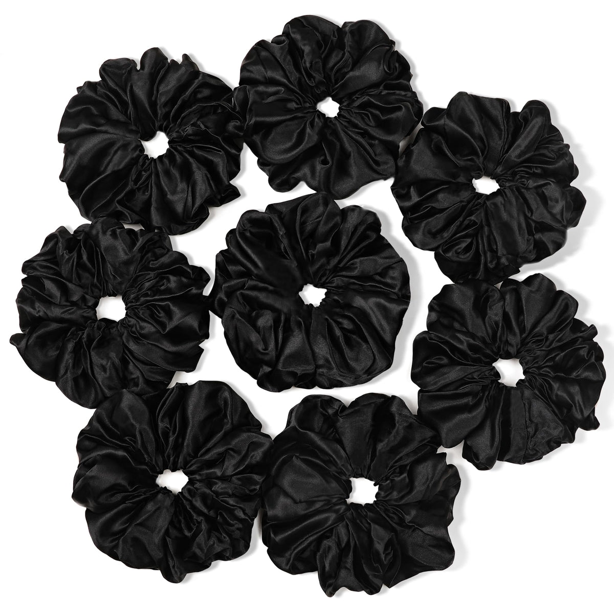 Ivyu front view of black satin scrunchie showing neat full shape and stylish look