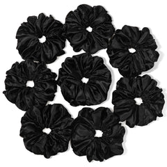 Ivyu front view of black satin scrunchie showing neat full shape and stylish look