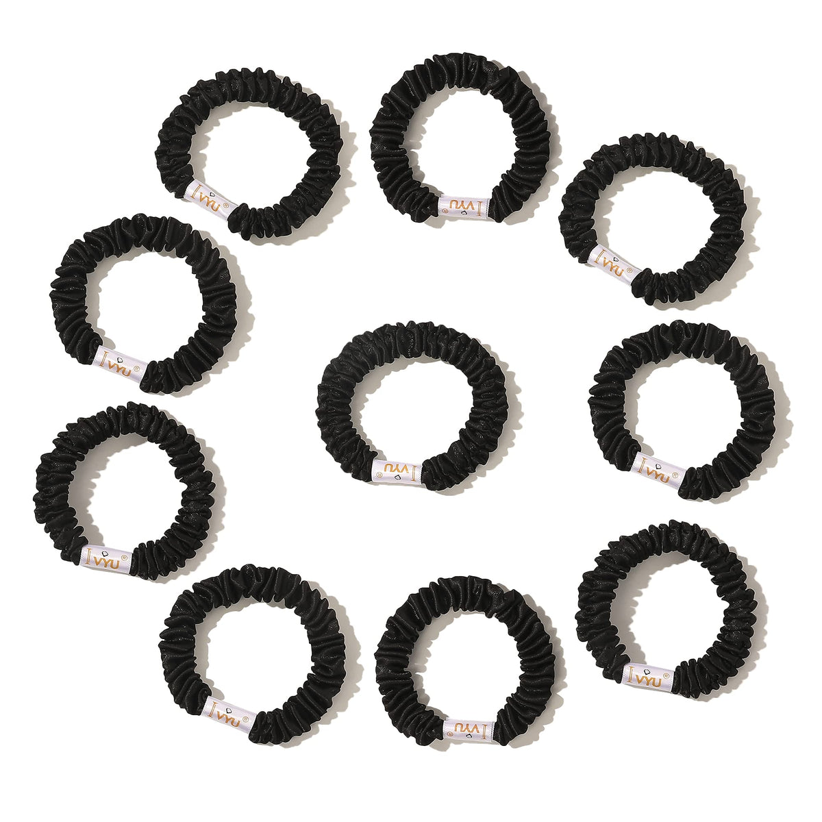 Ivyu front packaging showing black satin scrunchy and tidy presentation benefit: easy selection