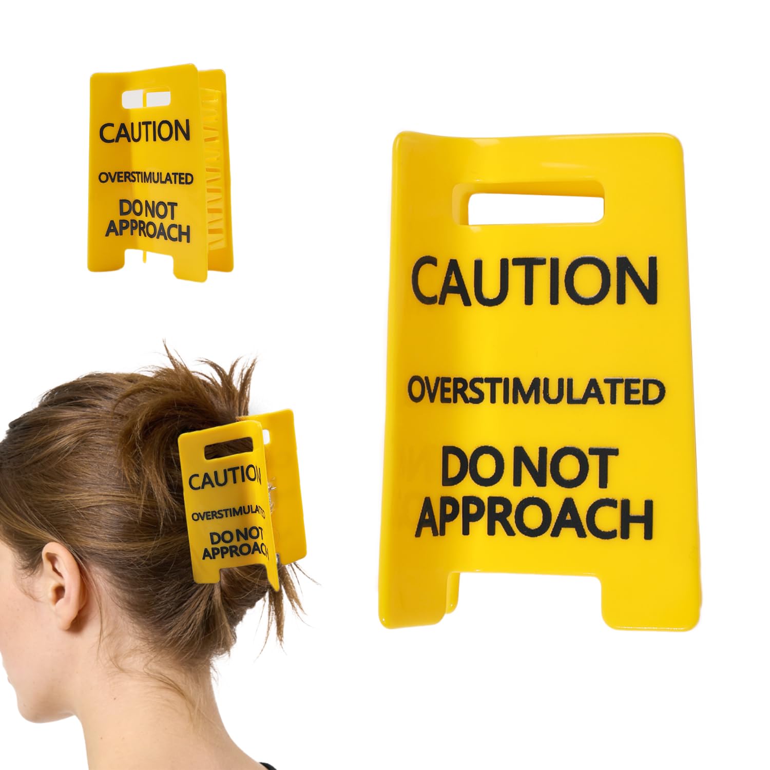 Ivyu front view of 'Caution: Overstimulated' clip showing bold message and secure grip