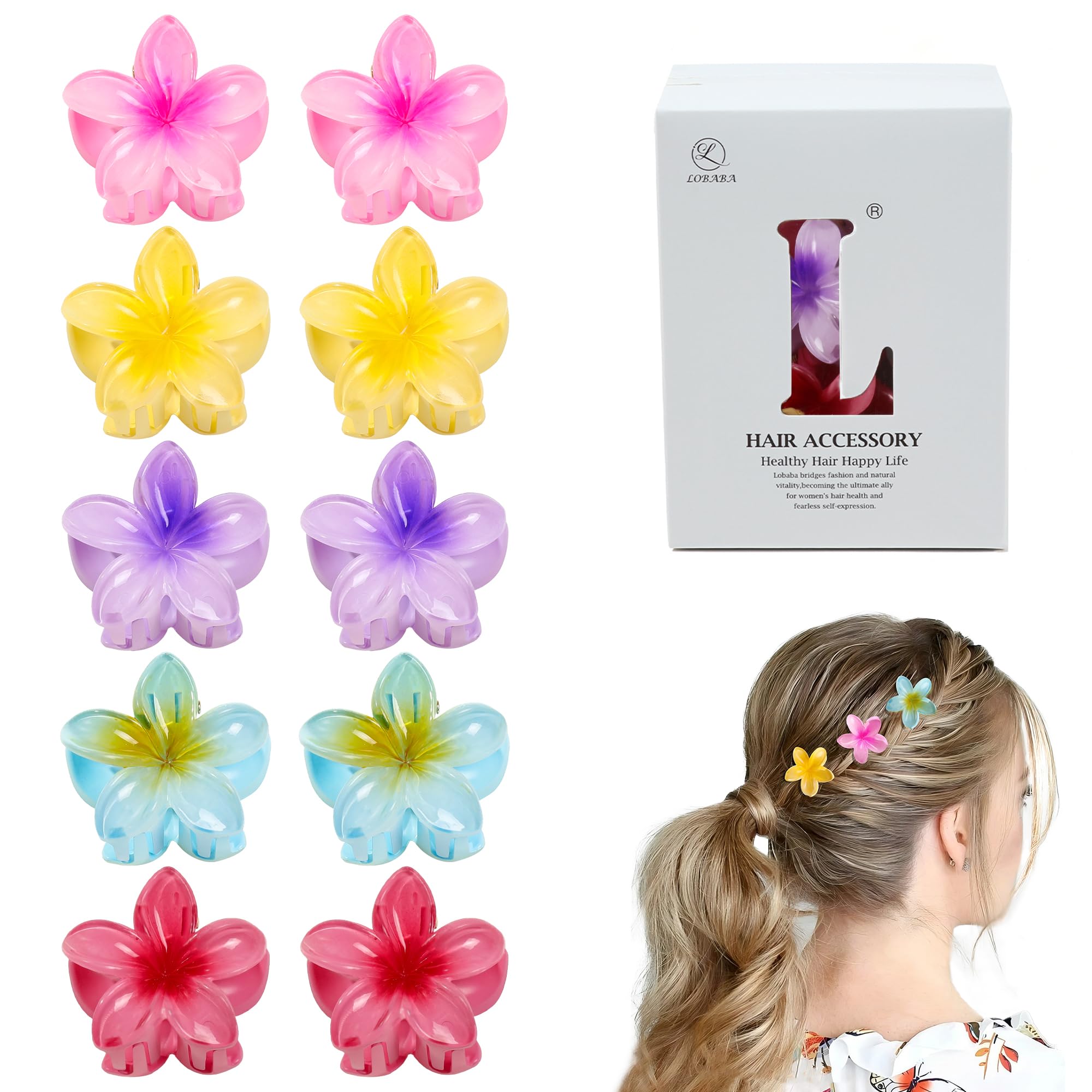 Ivyu front view of ten plumeria clips showing colorful set and portability benefit