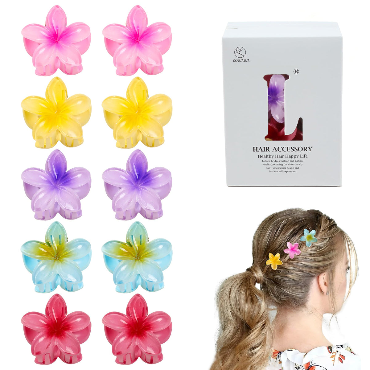 Ivyu front view of ten plumeria clips showing colorful set and portability benefit