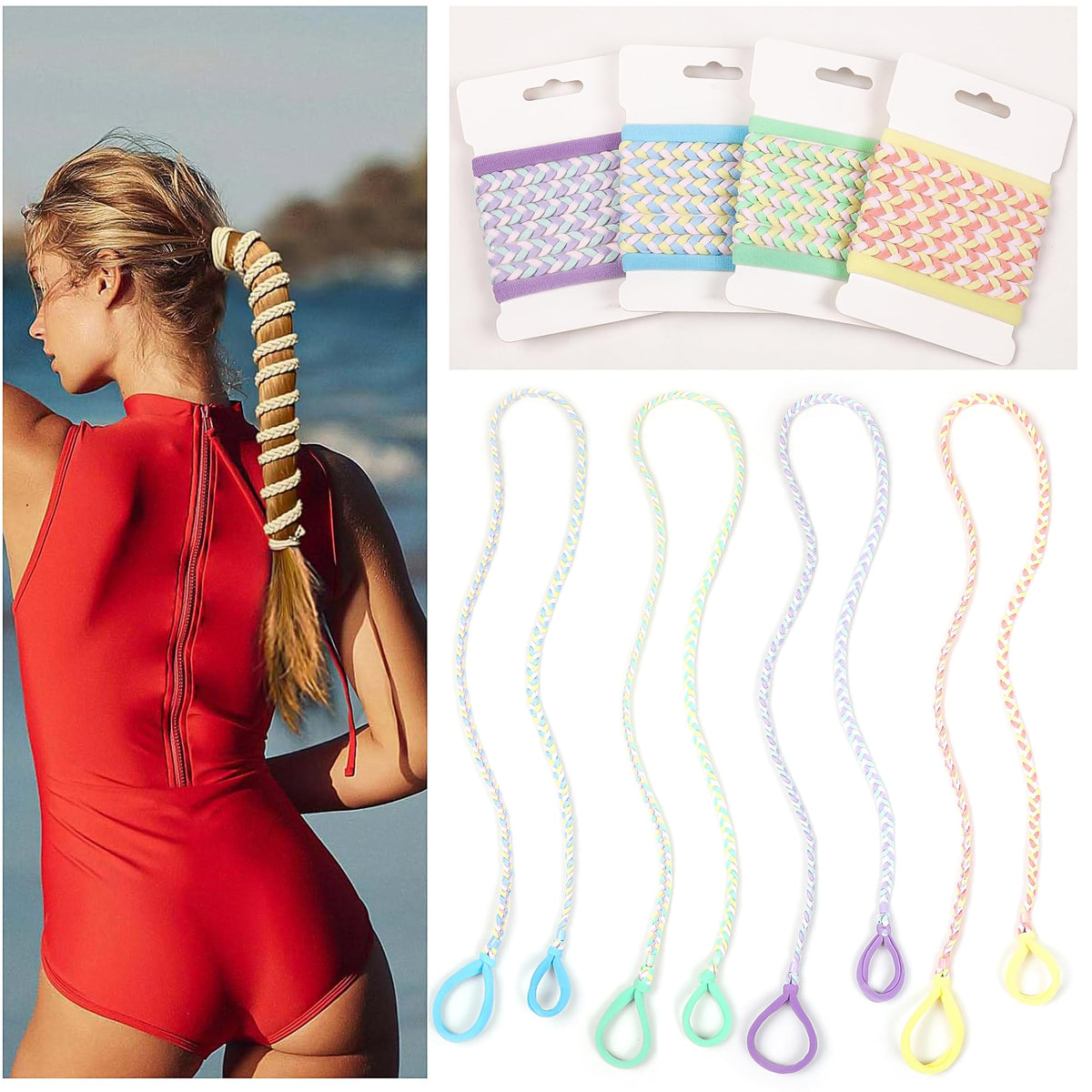 Ivyu front packaging showing four colorful braided hair ties for sports