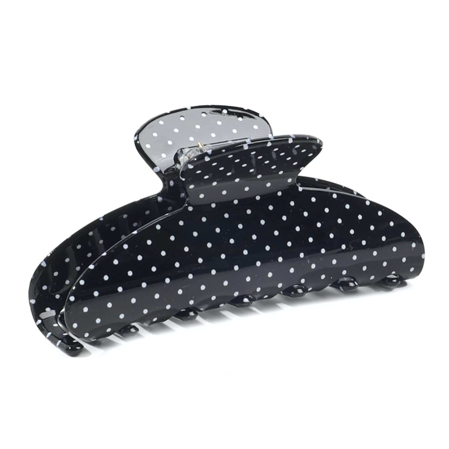 Ivyu front view of black polka dot clip showing elegant finish and strong hold