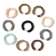 Ivyu front view of silk satin scrunchies showing sleek, soft look and hold