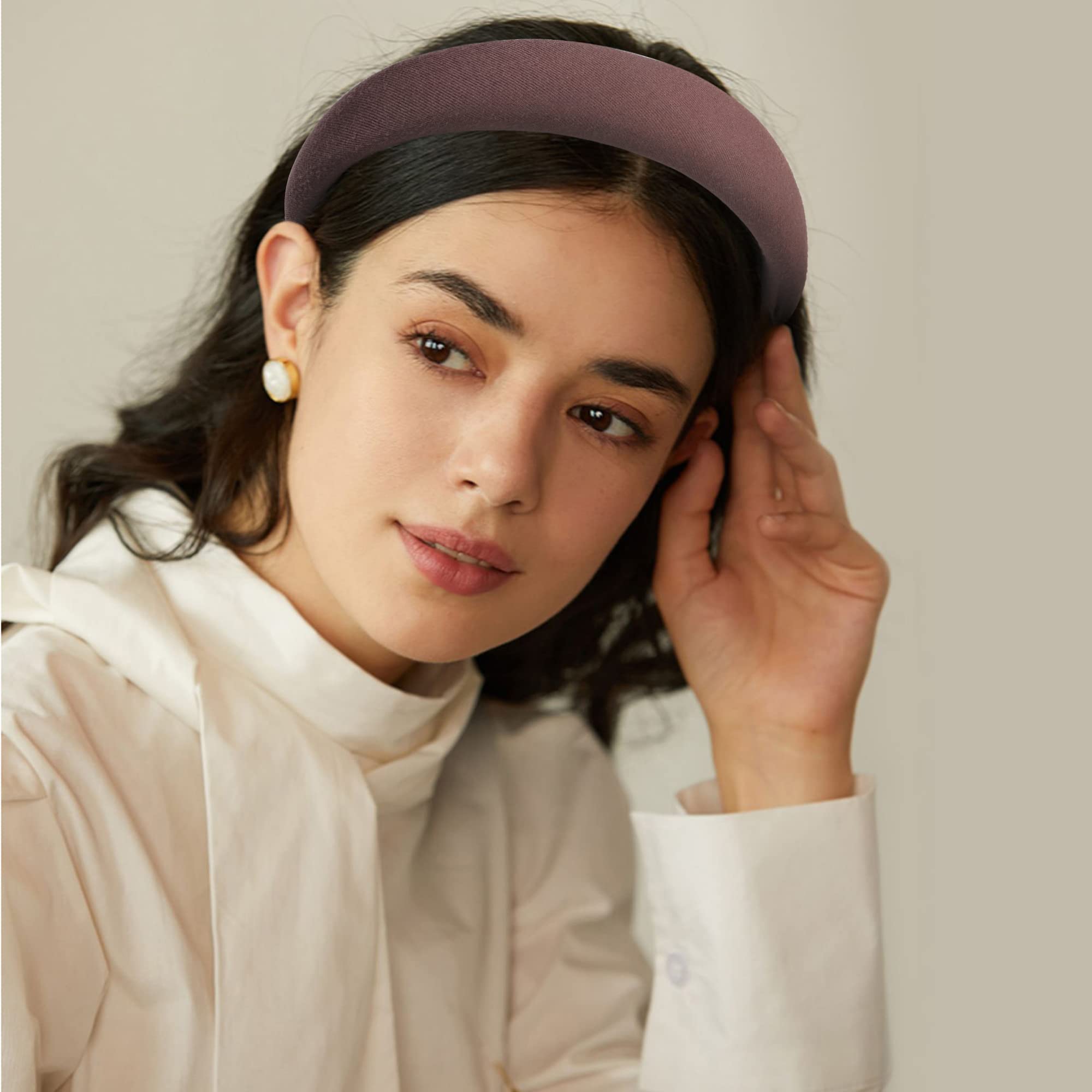 Ivyu model wearing coffee brown headband enhancing a dressy evening outfit