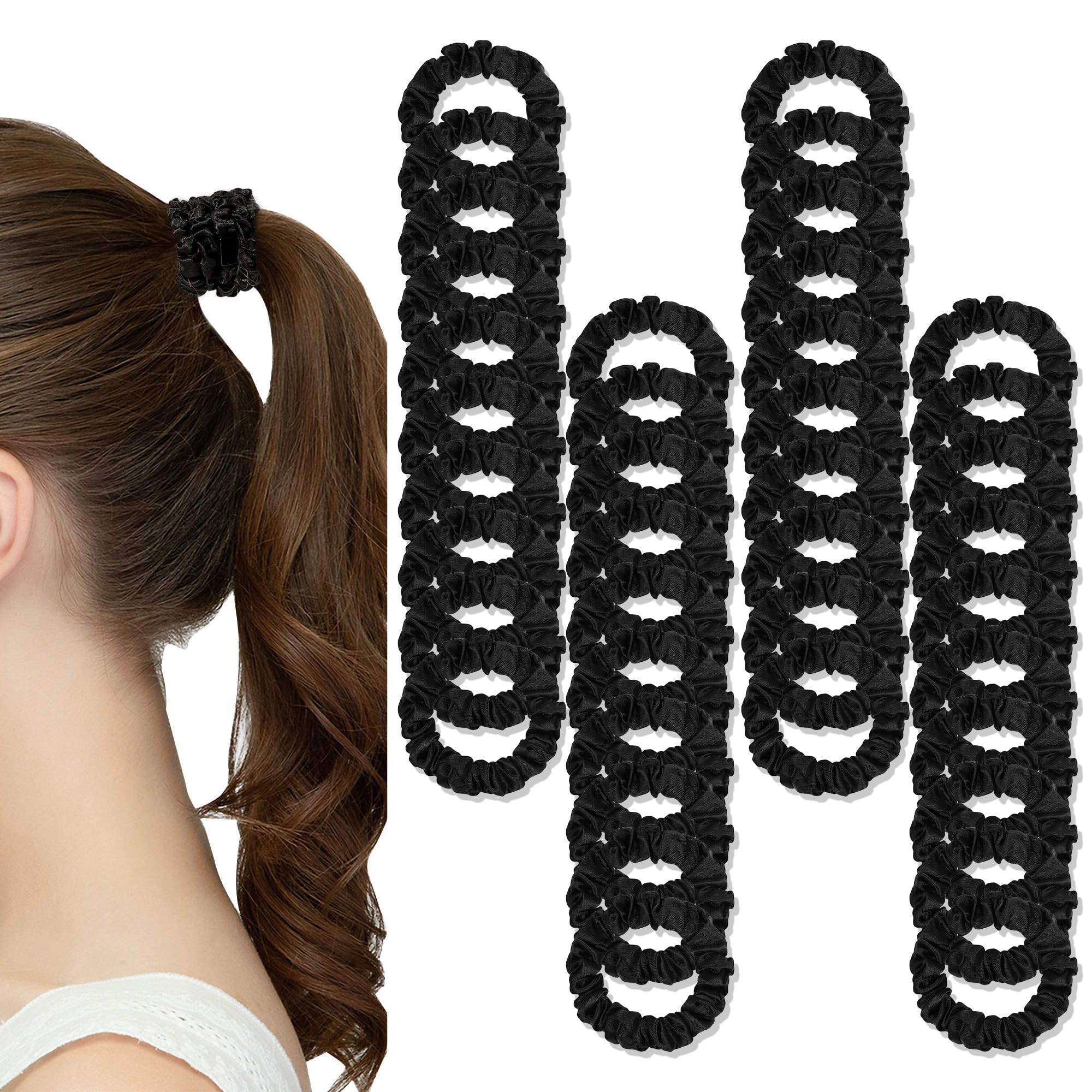 Ivyu front pack showing 40 black satin scrunchies, convenient bulk supply