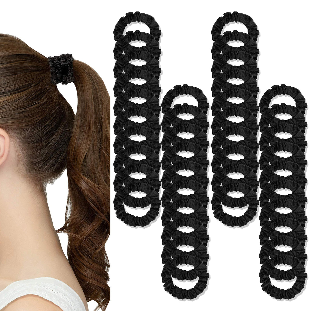 Ivyu front pack showing 40 black satin scrunchies, convenient bulk supply