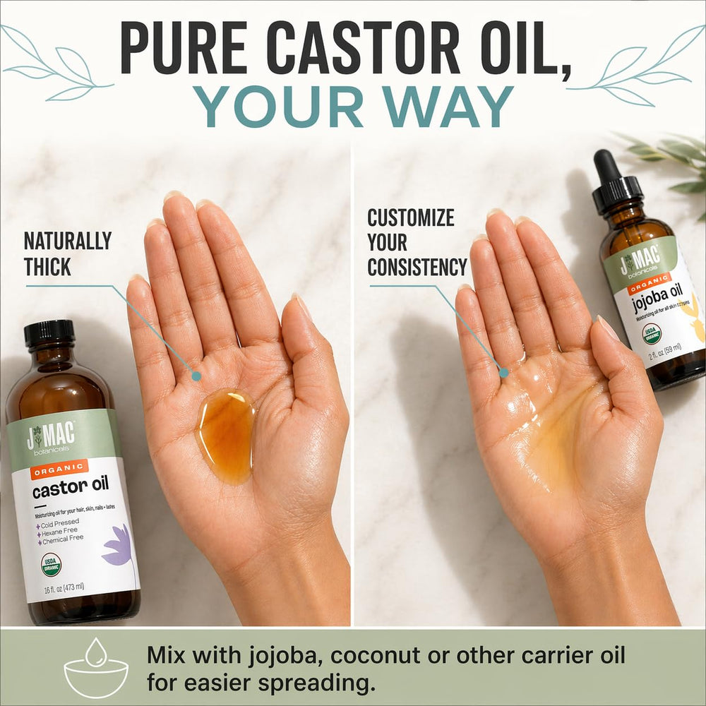 j mac botanicals drop of castor oil on hand showing rich texture and deep moisturization benefit