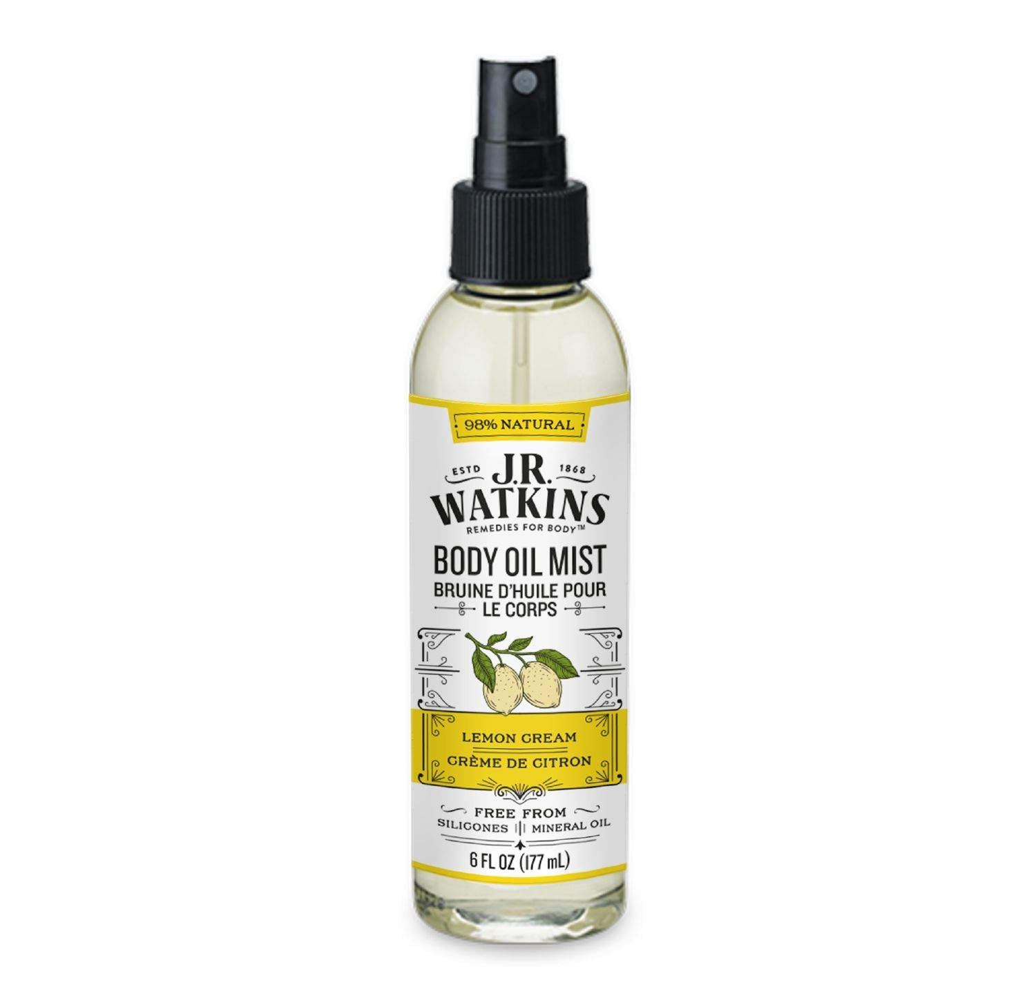J.R. Watkins front packaging showing lemon cream body oil mist and benefits