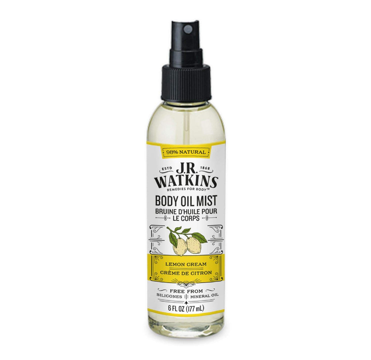 J.R. Watkins front packaging showing lemon cream body oil mist and benefits