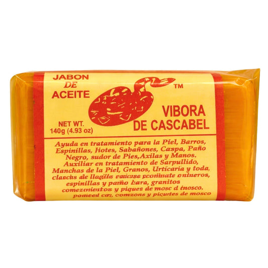 JABON DE ACEITE VIBORA DE CASCABEL front packaging showing product name and net weight