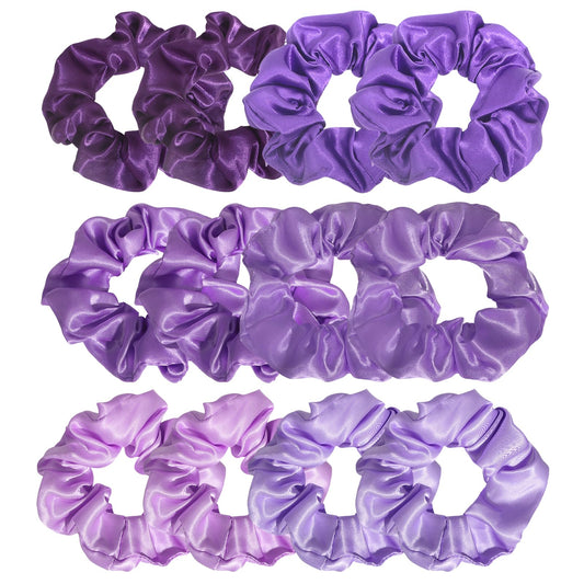 Jaciya front view of 12 purple scrunchies showing variety and convenience