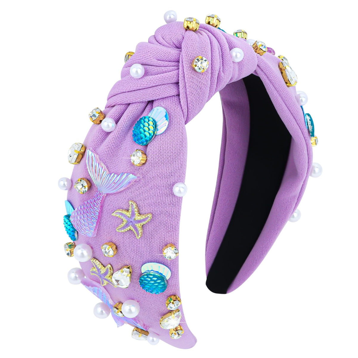 Jaciya front view purple headband showing knotted design and benefits of bold style
