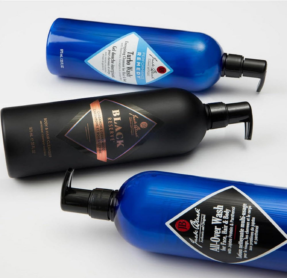 Jack Black ingredient label closeup, highlighting key botanicals and gentle formula benefits
