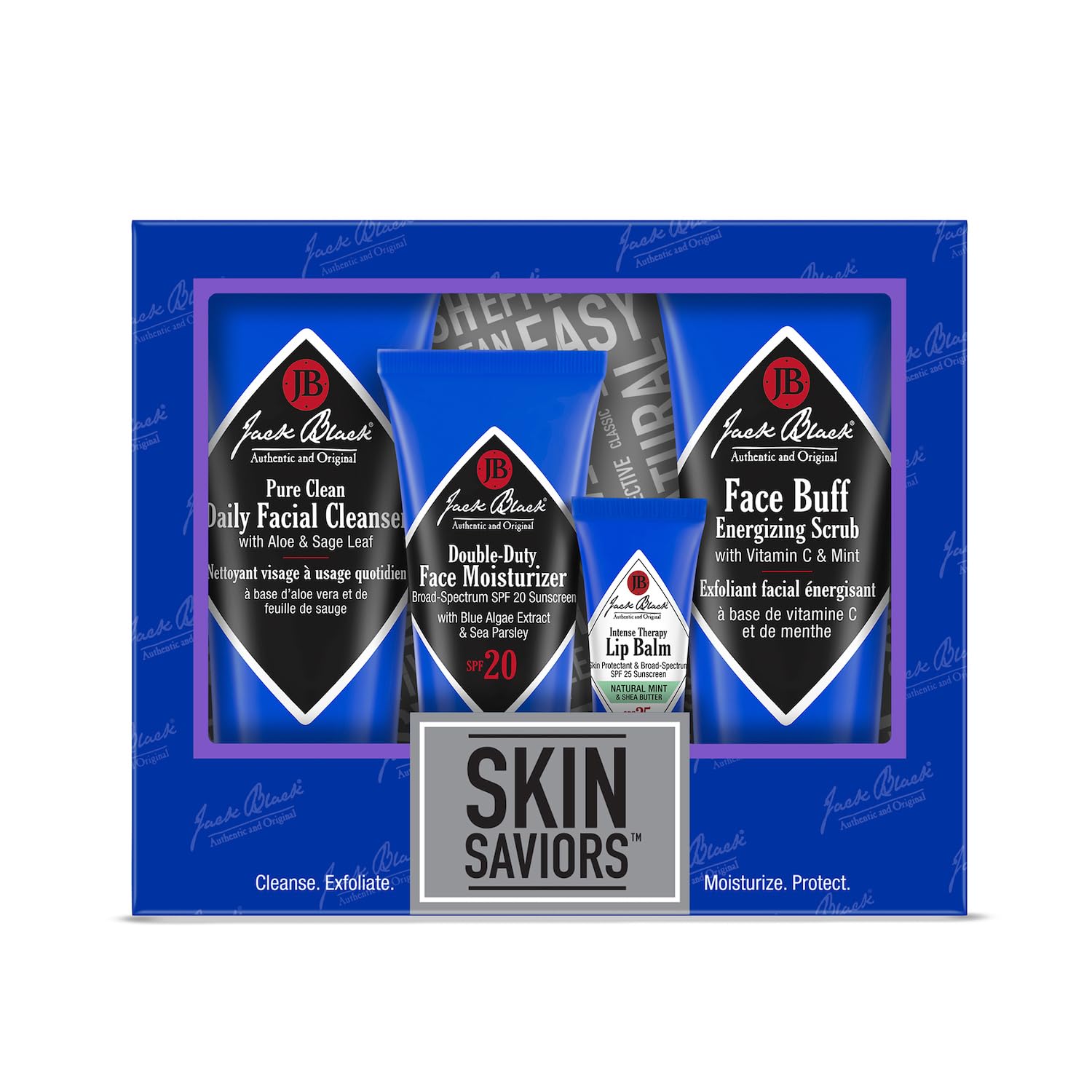 Jack Black front packaging of Skin Saviors Set showing full travel kit benefits