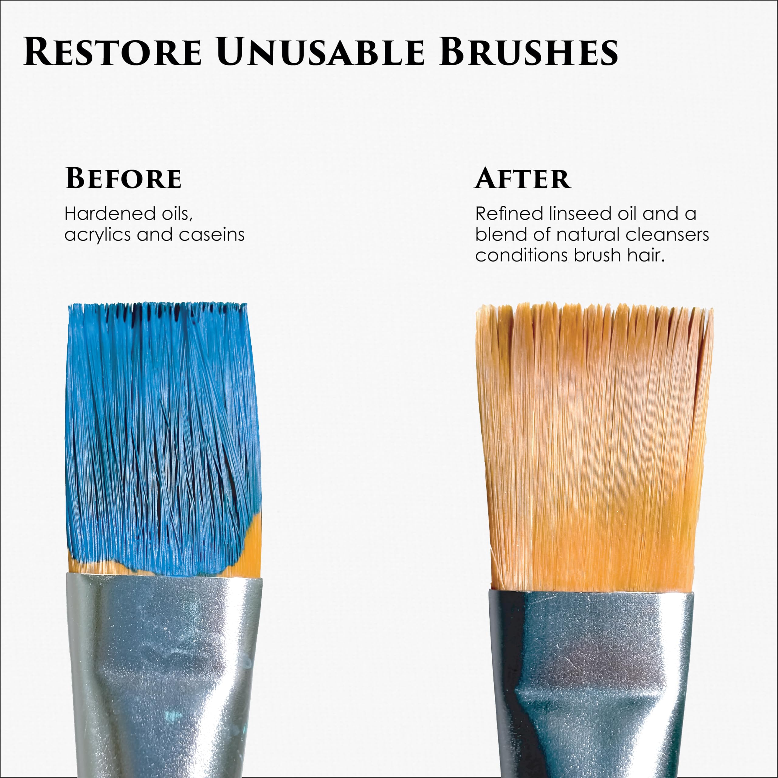 Before-and-after paintbrush comparison showing restored bristles with Jack Richeson cleaner benefit
