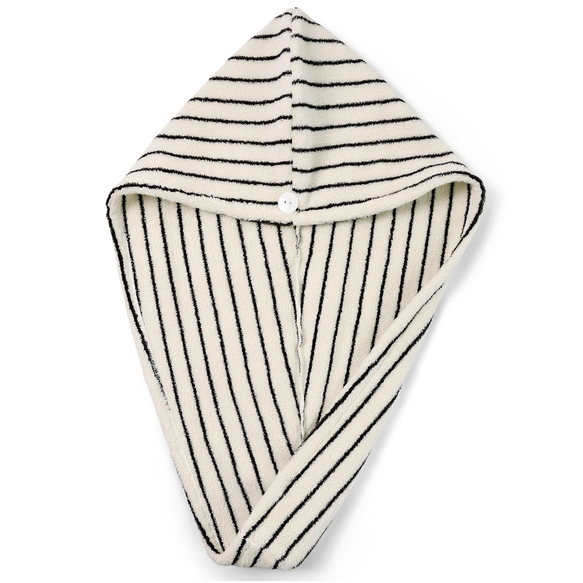Jacquotha front view of striped hair towel showing clean spa look and absorbency