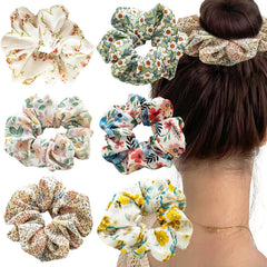 Jaczora front view of six floral scrunchies showing variety and color benefits