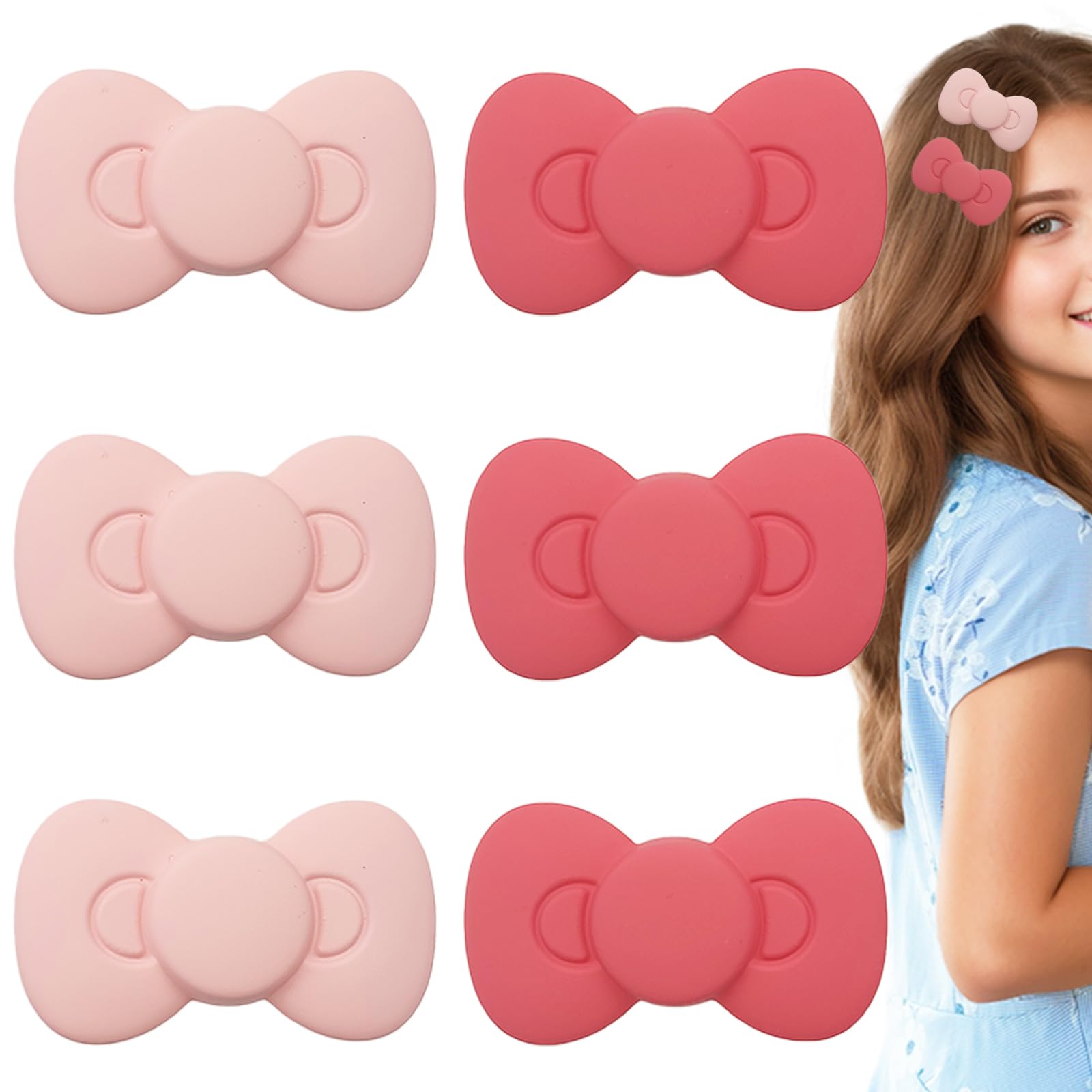 Jaczora front view of six pink bow clips showing colors and package benefit
