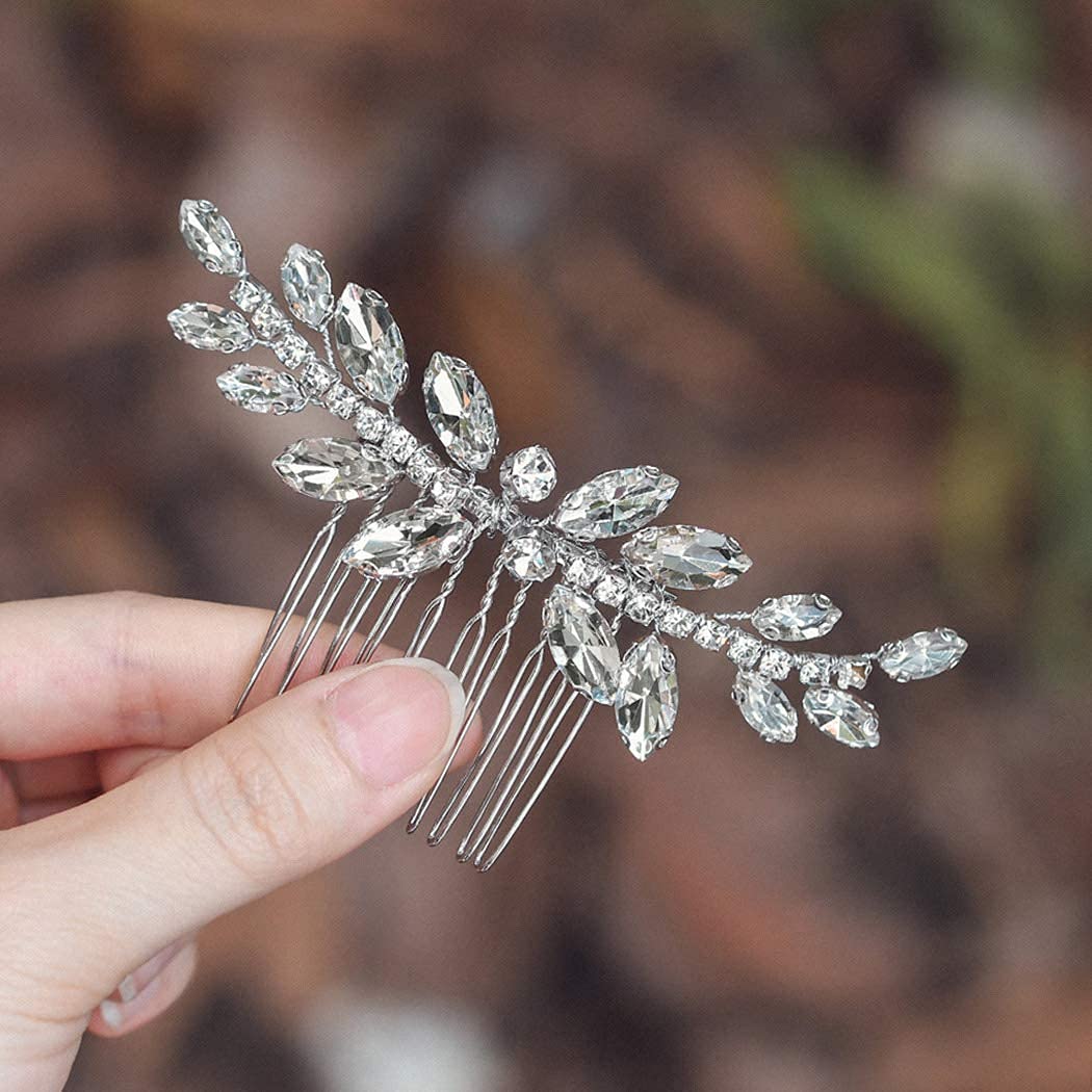 JAKAWIN front view of silver rhinestone hair comb showing elegant design and sparkle