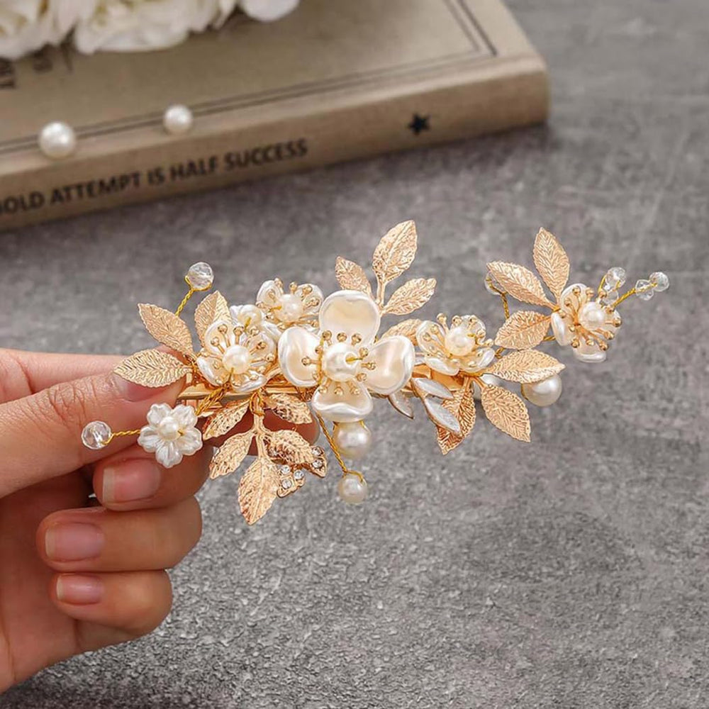 JAKAWIN gold hair clip front view showing floral design and comb for secure hold