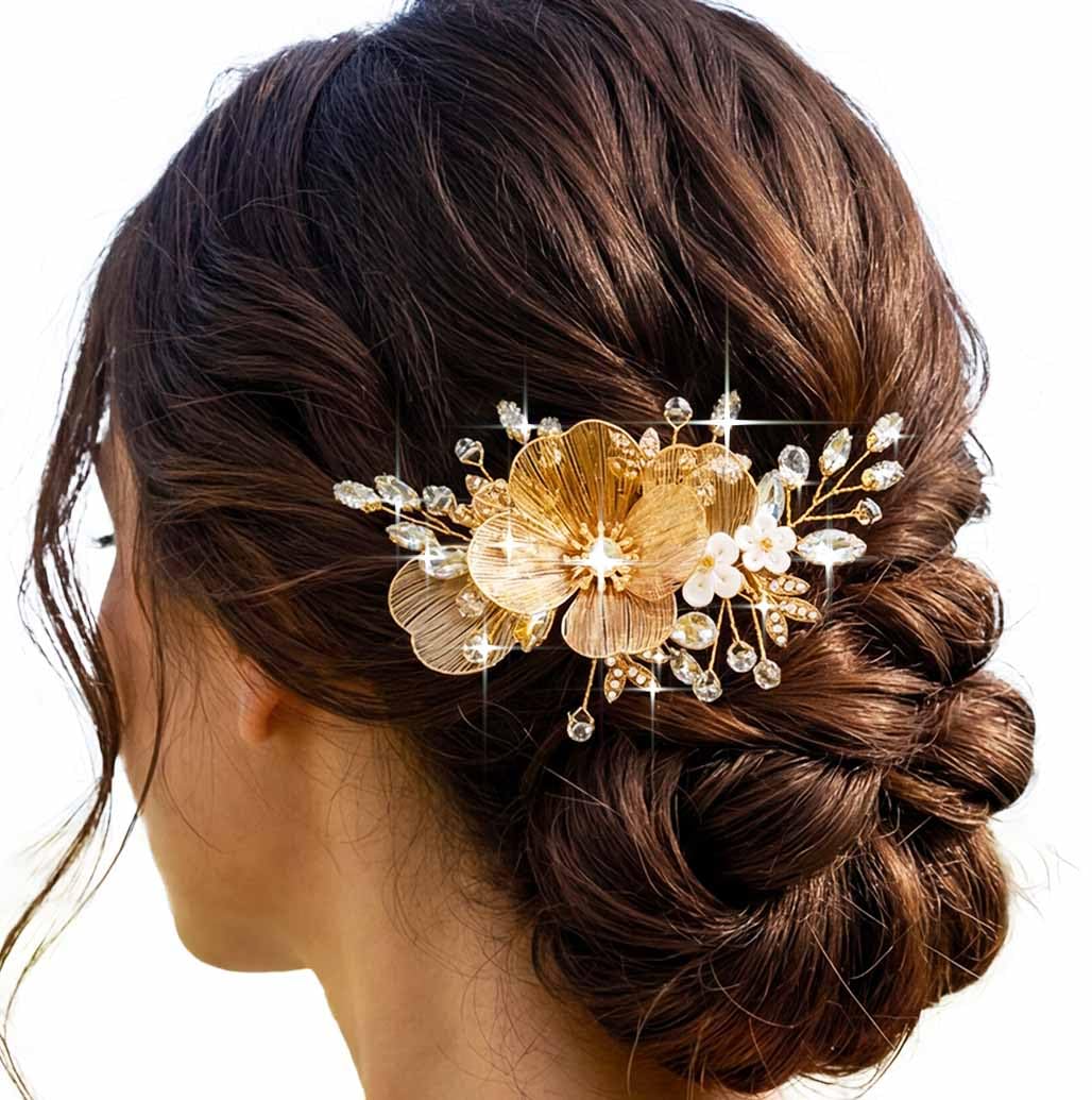 JAKAWIN gold hair clip front view showing floral design and sparkle benefit