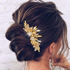 JAKAWIN gold leaf comb front view showing elegant rhinestone sparkle