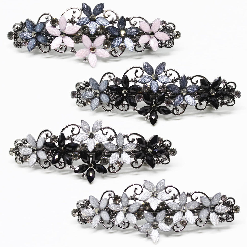 Jakeni front view barrettes showing floral rhinestones and polished shine benefit: elegant accent