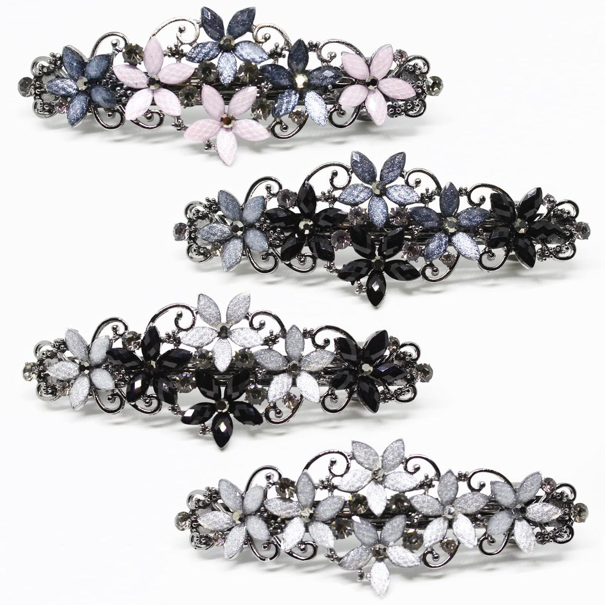 Jakeni front view barrettes showing floral rhinestones and polished shine benefit: elegant accent