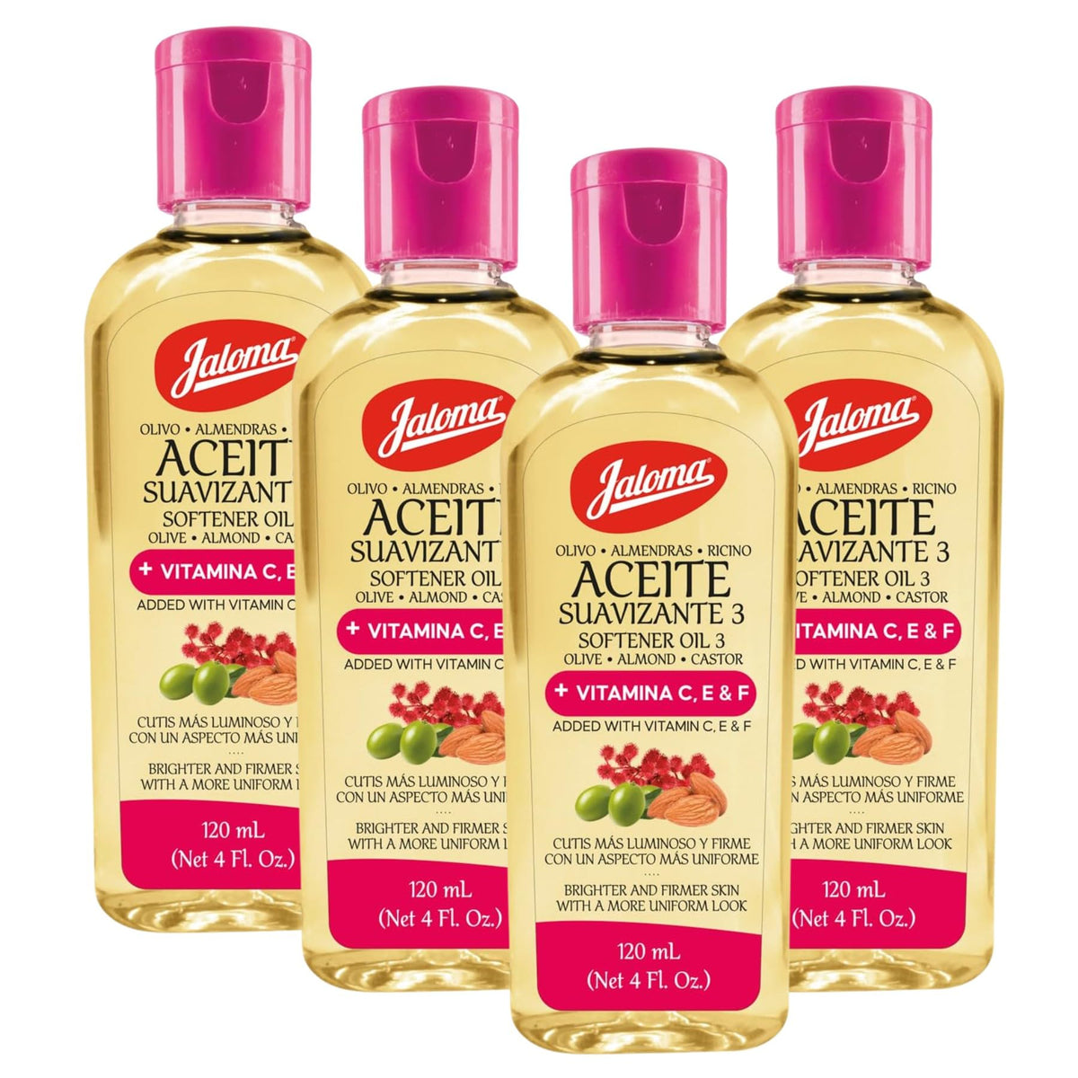 Jaloma front packaging pack of four bottles showing product and size benefit