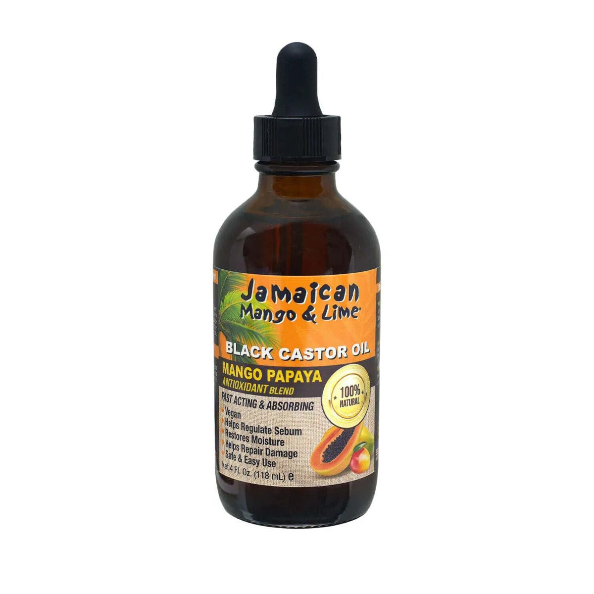Jamaican Mango & Lime front packaging showing 4oz bottle and label benefits