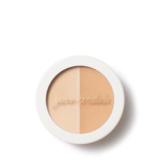 jane iredale compact front view showing dual yellow and neutral shades for brightening