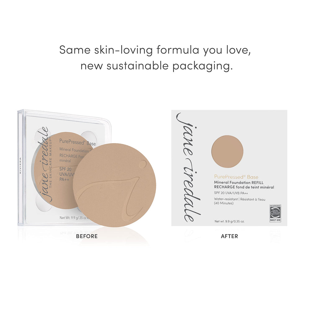 jane iredale refill packaging emphasizing eco-friendly refillable convenience benefit