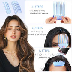 JANFUN clips placed at hair roots during blow-drying creating lifted crown and shape