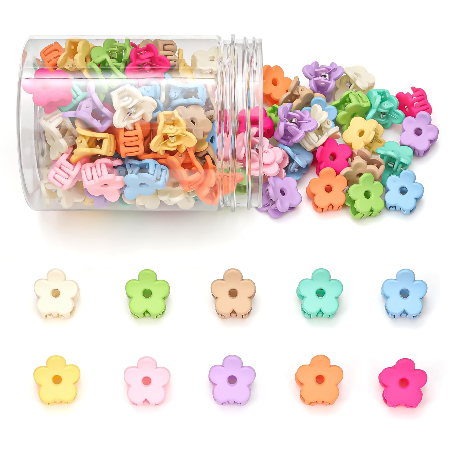 JANFUN front view of jar showing 100 colorful flower clips, easy selection benefit