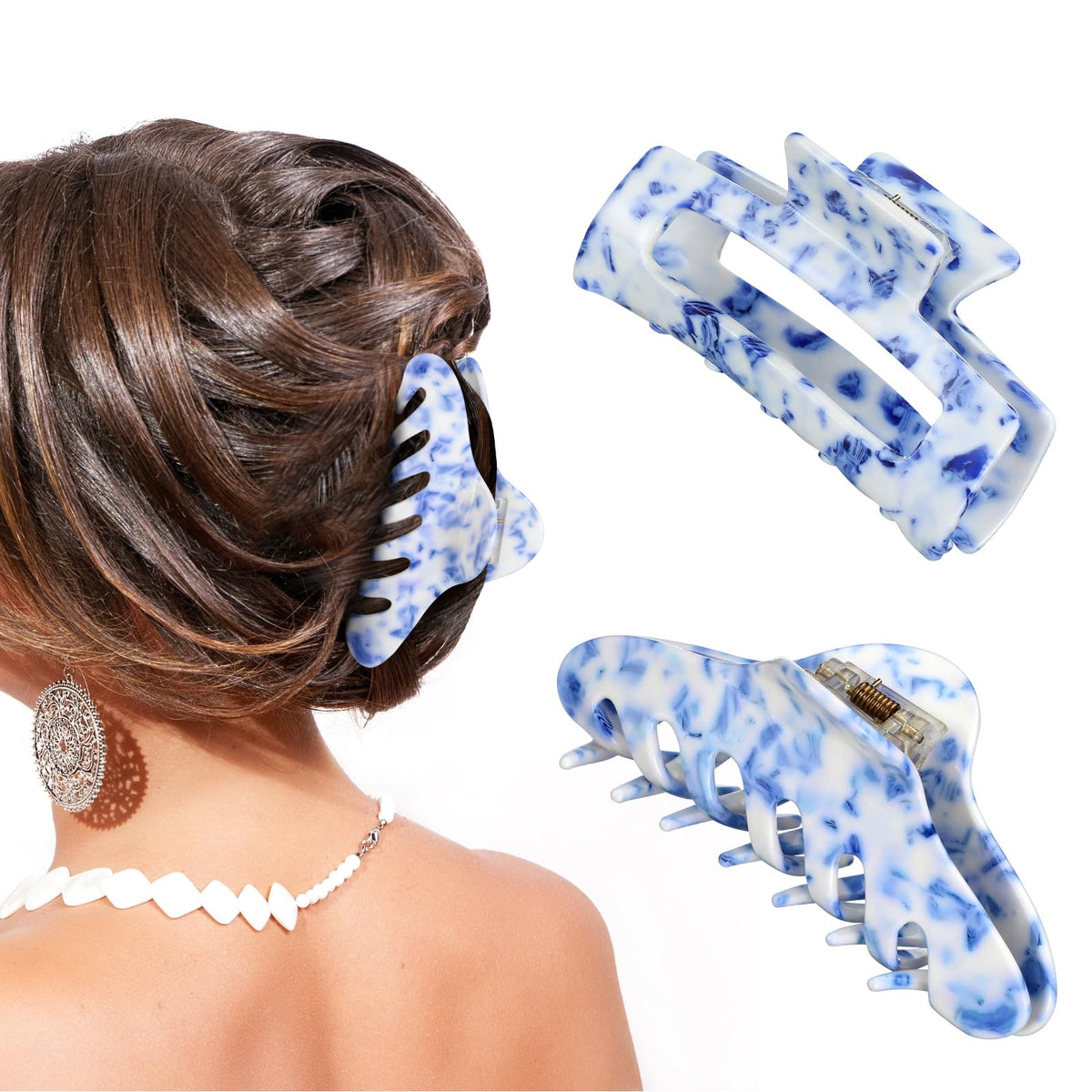 Janinka front packaging showing two blue and white claw clips and gift-ready appeal