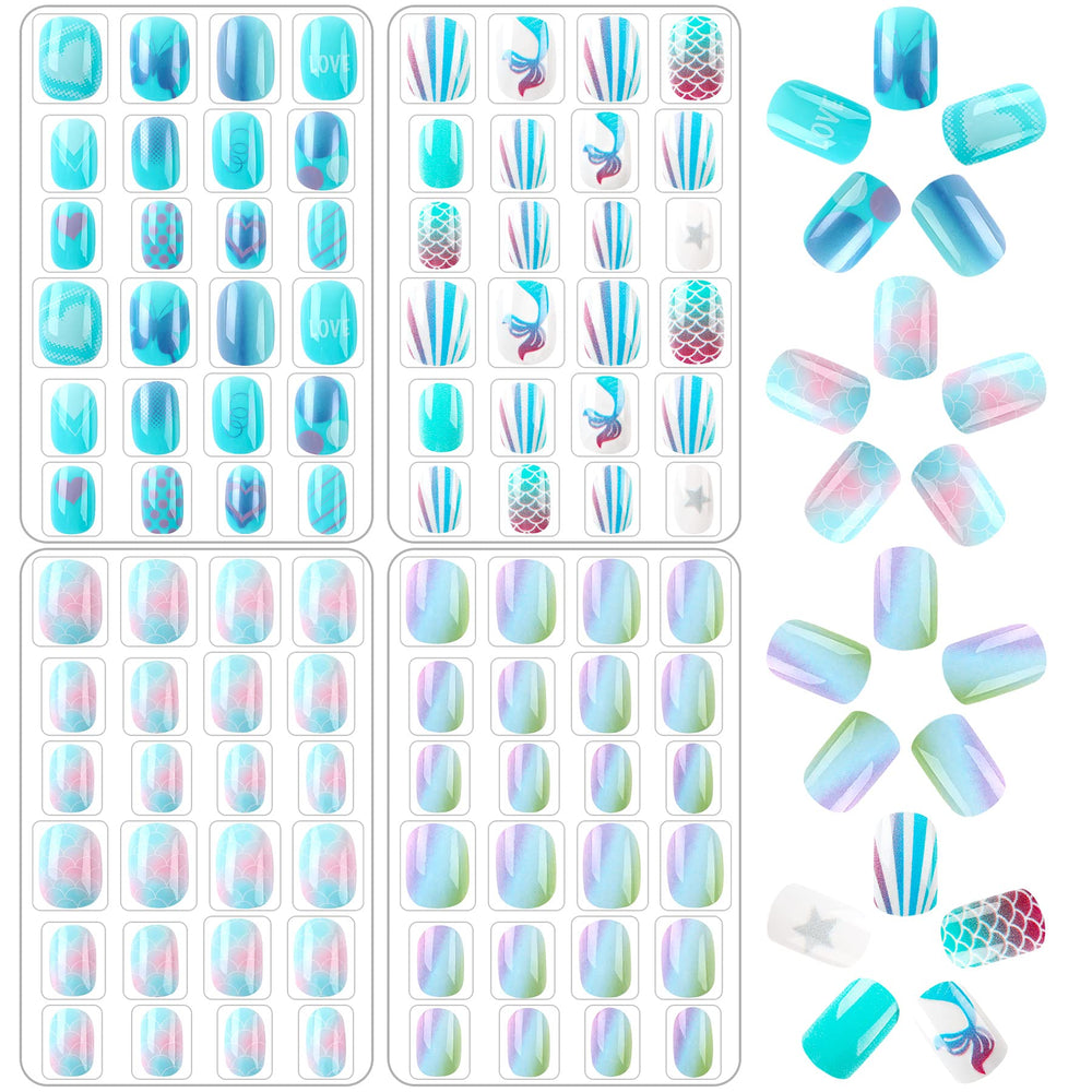 JANYUN front package showing 96-piece blue-themed kids nails, ideal gift