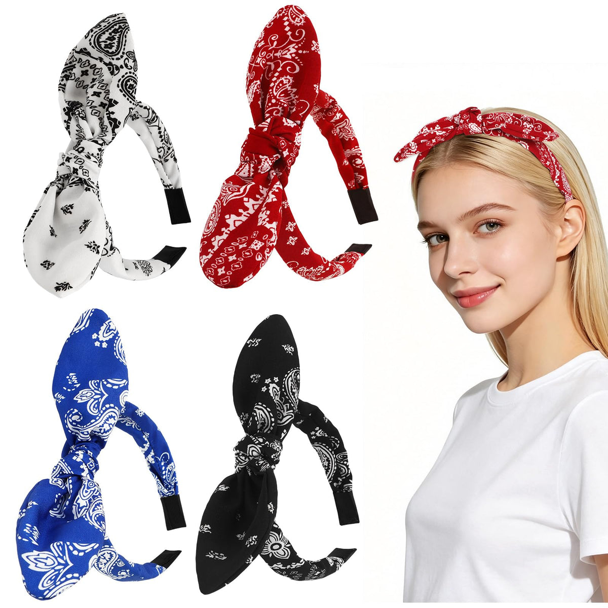 JANYUN front view of 4-pack paisley headbands showing colors and boho look