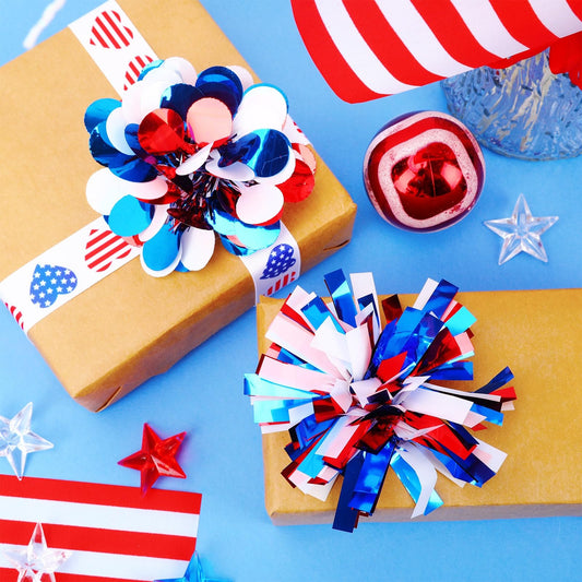 JANYUN pom pom close-up highlighting glitter metallic texture and vibrant patriotic colors