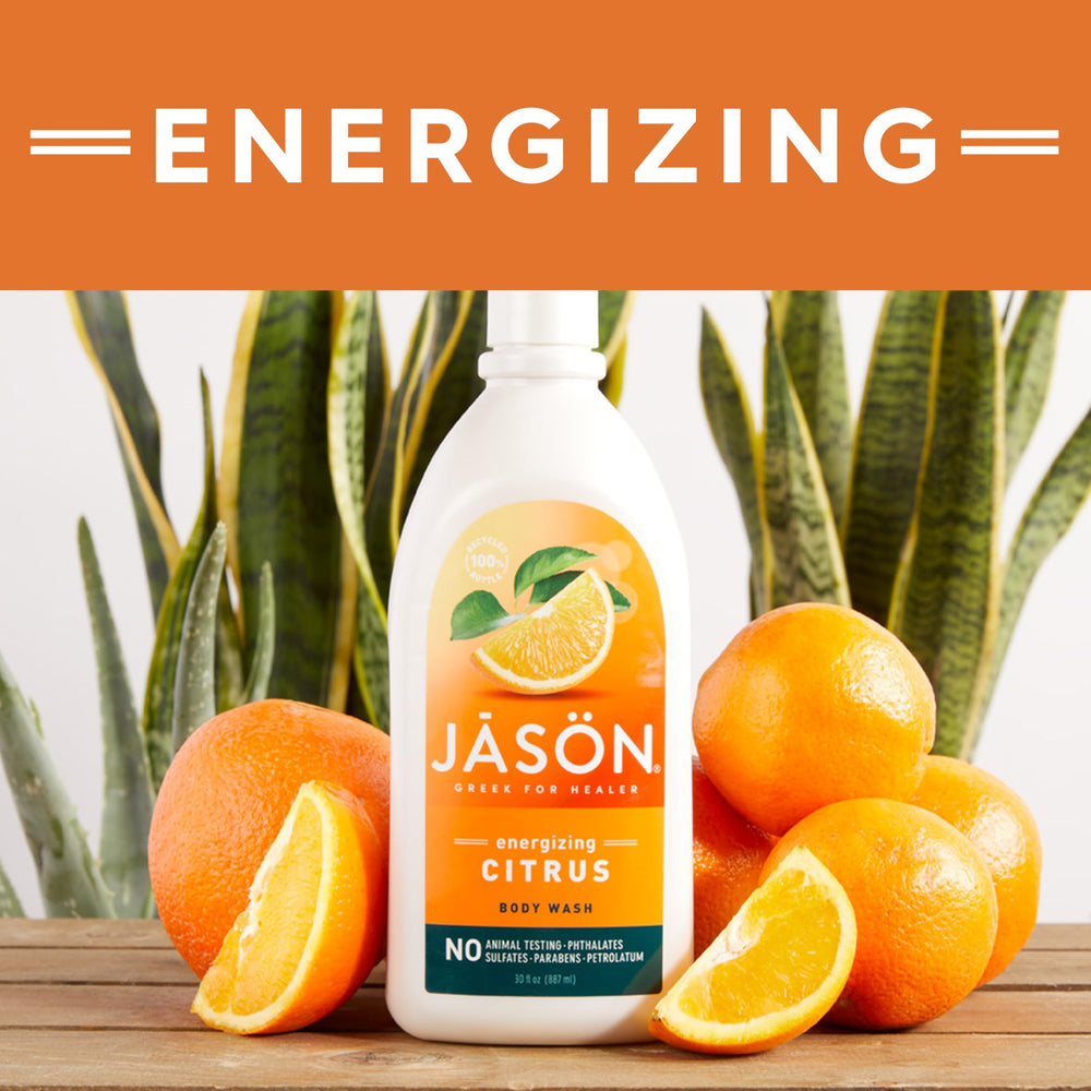JASON on bathroom vanity styled to show uplifting citrus scent and lifestyle benefit