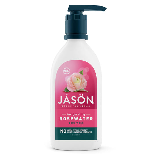 JASON rosewater body wash front bottle showing label and size benefit: clear product info
