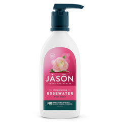 JASON rosewater body wash front bottle showing label and size benefit: clear product info