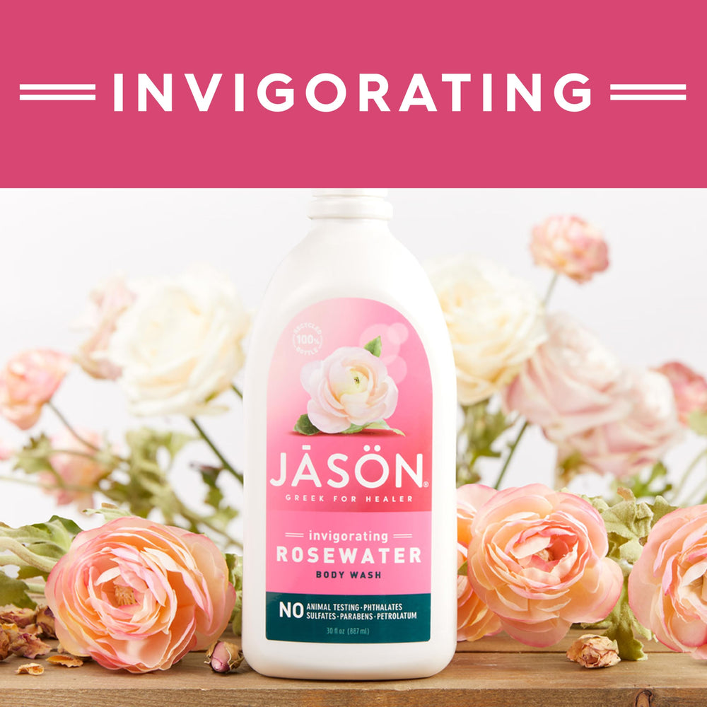 JASON body wash bottle styled on bathroom shelf conveying eco-friendly routine
