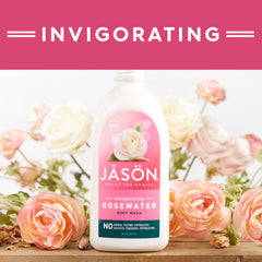 JASON body wash bottle styled on bathroom shelf conveying eco-friendly routine