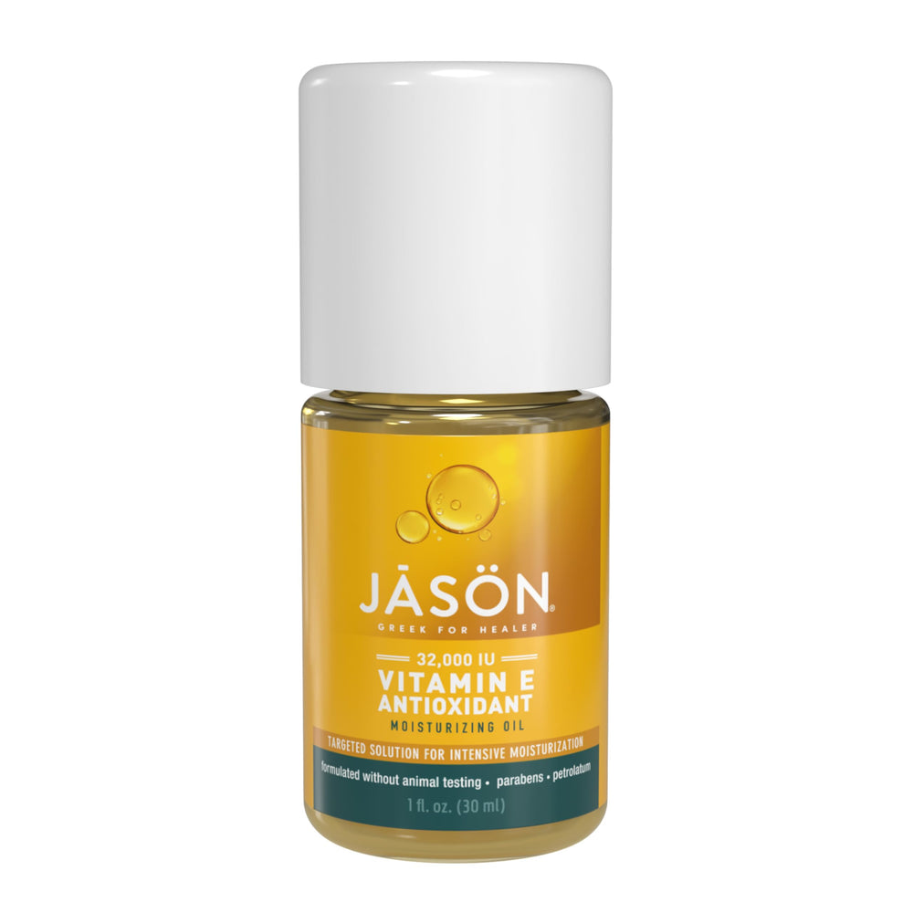 JASON front bottle view showing Vitamin E oil and compact packaging benefit travel-friendly care