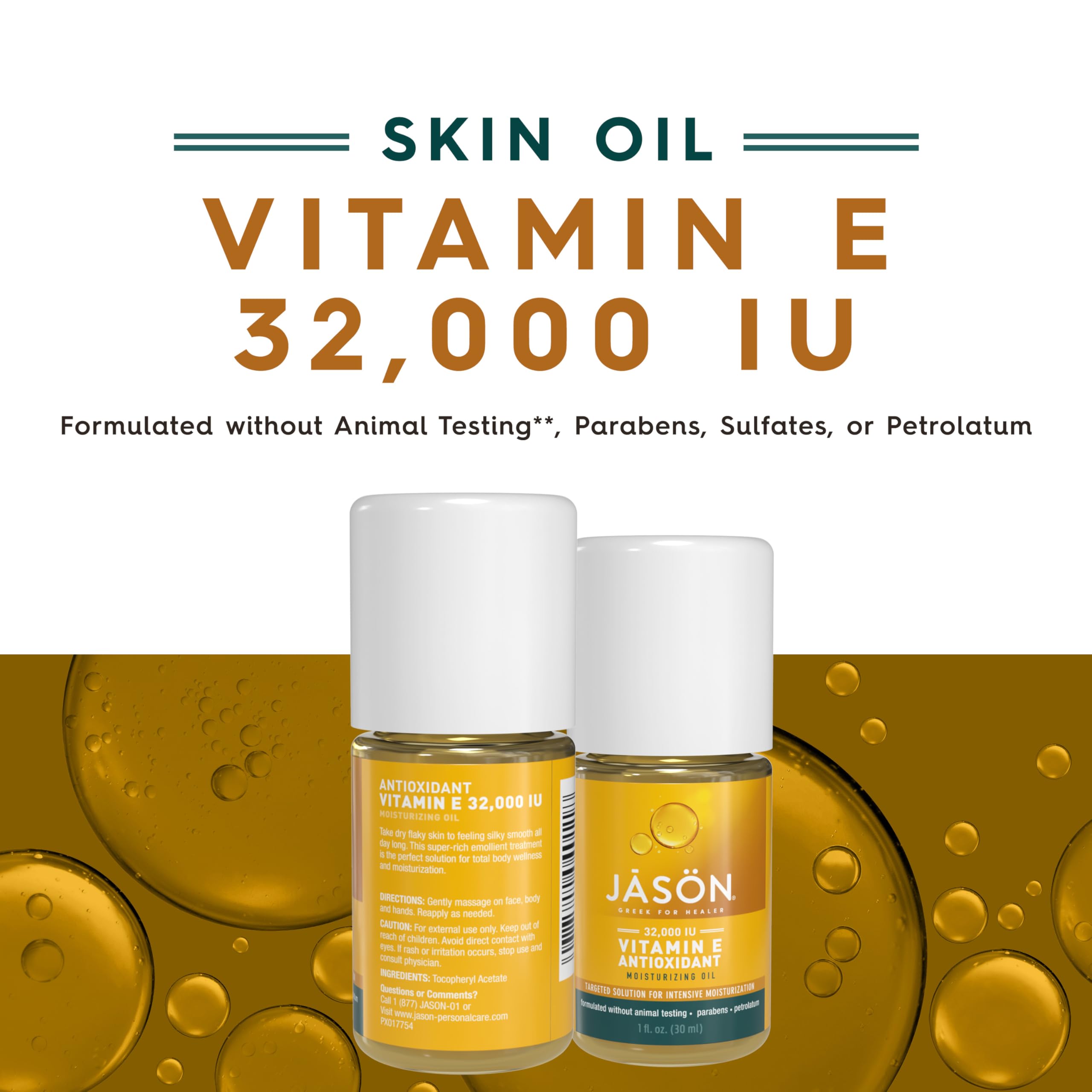 JASON label closeup indicating Vitamin E 32,000 IU and clean formulation benefit transparency