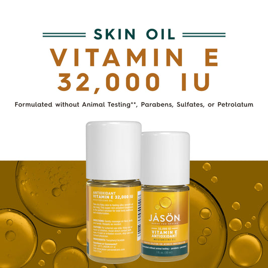 JASON label closeup indicating Vitamin E 32,000 IU and clean formulation benefit transparency