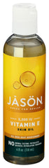JASON front bottle view showing vitamin E oil packaging and clear dosing benefit
